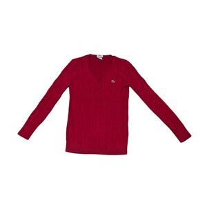 Lacoste Red Cable Knit V Neck Sweater Cherry Golf Preppy School Work Workwear